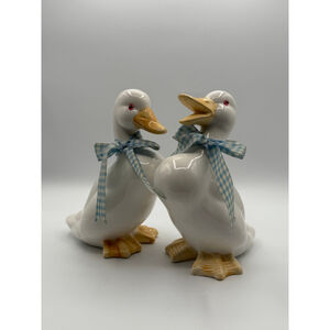 Vintage Ceramic Duck Figurines with Blue Gingham Bows – Set of 2 Farmhouse Decor